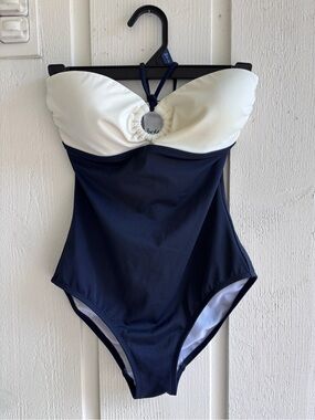 Boden Navy and White Halter One-Piece Swimsuit with Center Ring